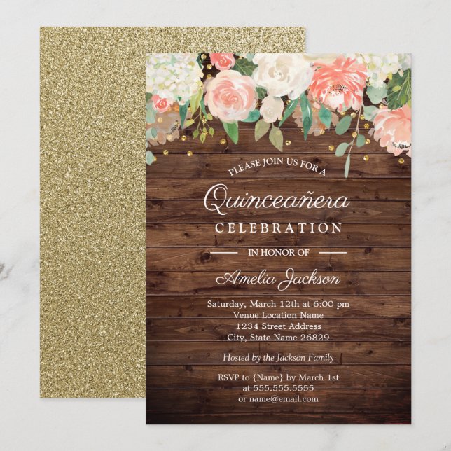 Invitation de Quinceanera en bois de sciage en or  (Devant / Derrière)