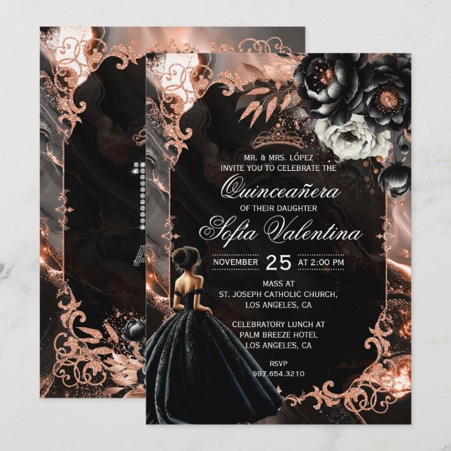 Invitation de Quinceañera en or noir et Rose (Devant / Derrière)