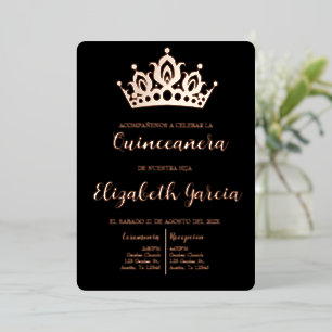 Invitation de quinceañera en or noir et rose