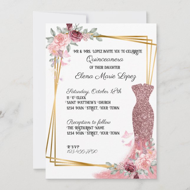 Invitation de Quinceanera, fille florale rose rous (Devant)