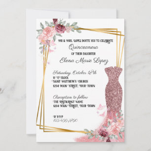 Invitation de Quinceanera, fille florale rose rous