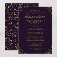 Invitation de Quinceañera Fleurie Or Violet Antiqu