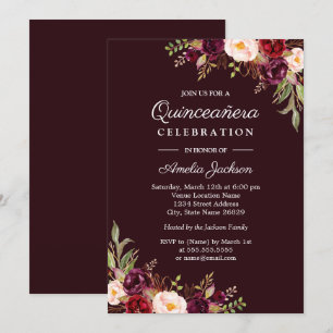 Invitation de Quinceanera Fleurie Rouge Bourgogne