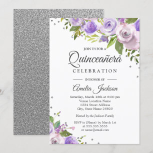 Invitation de Quinceanera Floral Argent violet