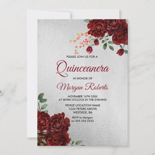 Invitation de Quinceanera Floral Rose rouge bordea (Devant)