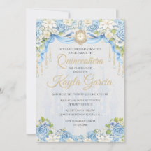 Invitation de Quinceañera Florale Bleu Poussiéreux