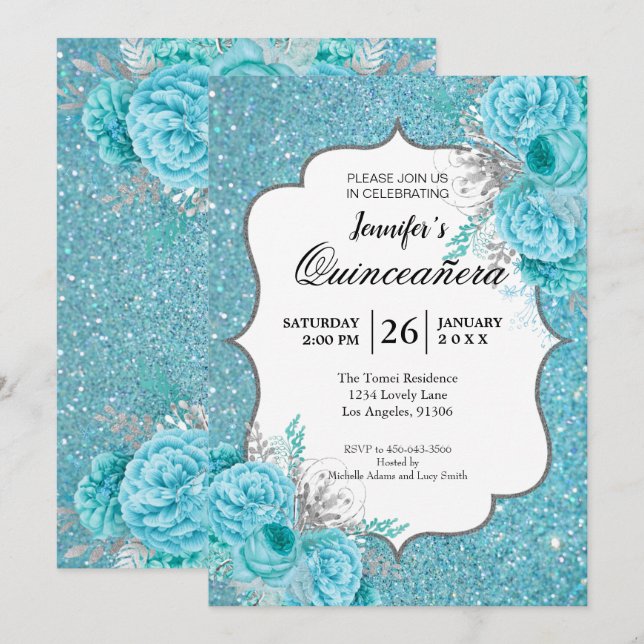 Invitation de Quinceañera Florale Bleue Pailletée (Devant / Derrière)