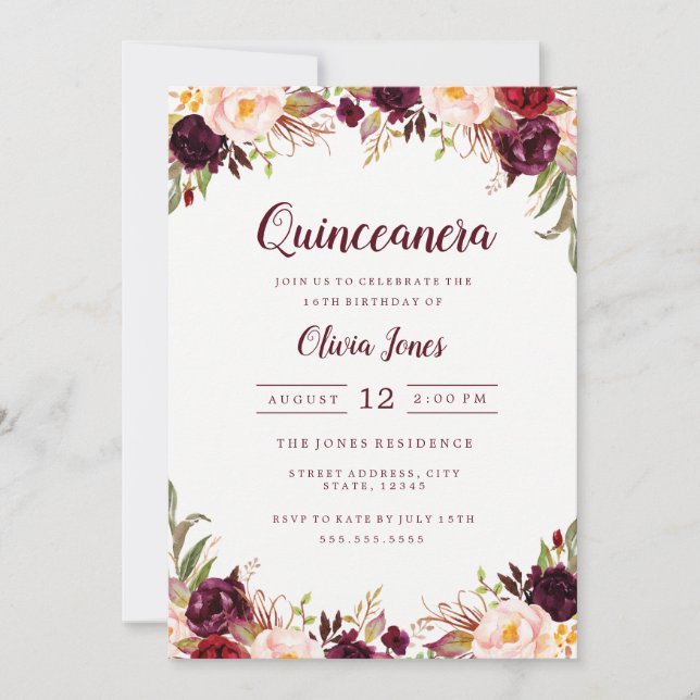 Invitation de Quinceanera Florale Bourgogne (Devant)