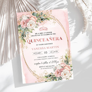 Invitation de Quinceañera florale en or rose
