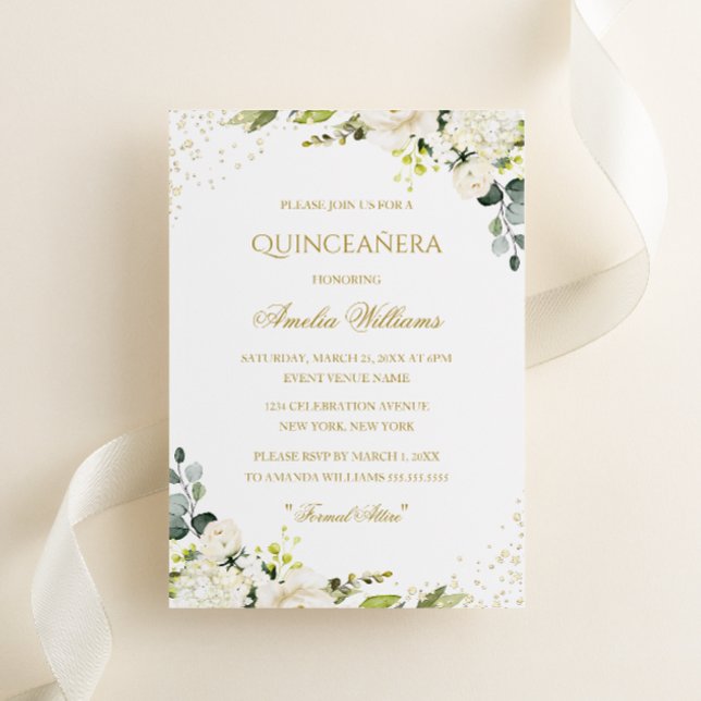 Invitation de Quinceanera Florale Gold Sparkle (Créateur téléchargé)