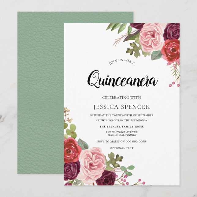 Invitation de Quinceanera Florale Mint & Pink Blus (Devant / Derrière)