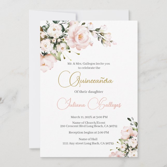 Invitation de Quinceanera Florale Rose (Devant)