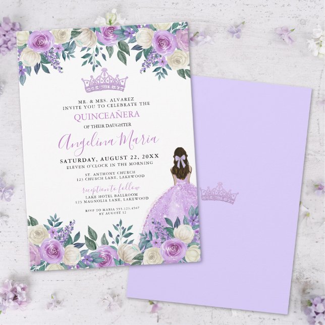 Invitation de Quinceanera Florale Rose violette (Floral Roses Purple Quinceanera Invitation)