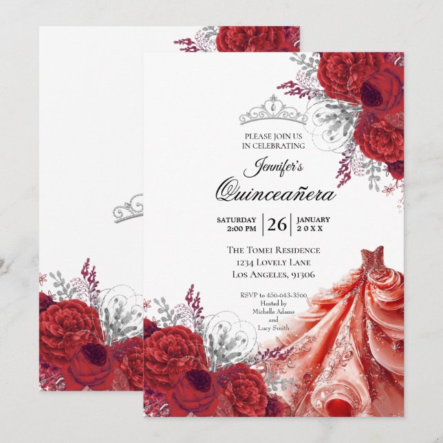 Invitation de Quinceañera Florale Violet Pailleté (Devant / Derrière)