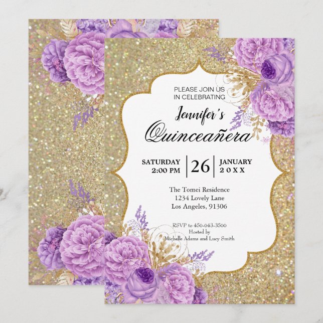 Invitation de Quinceanera Florale Violet Pailleté (Devant / Derrière)