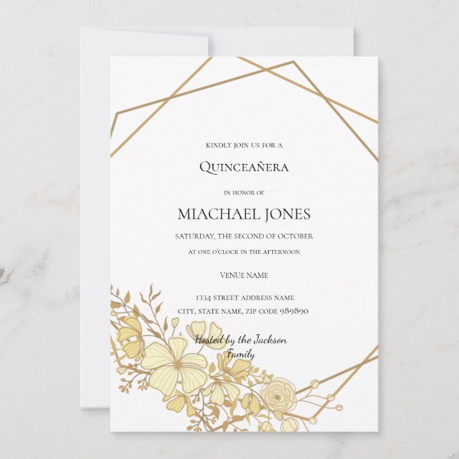 Invitation de Quinceanera géométrique florale d'or (Devant)