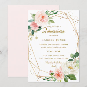 Invitation de Quinceanera géométrique florale d'or