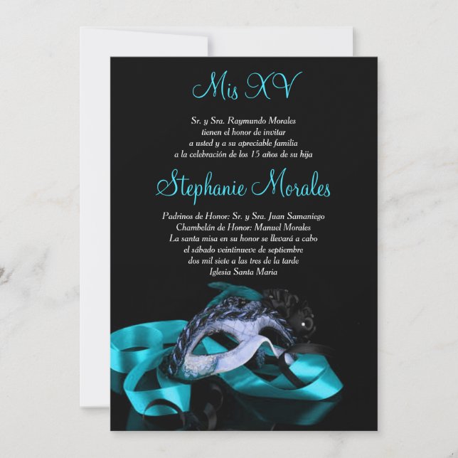 Invitation de Quinceanera, Mascarade bleue Turquoi (Devant)