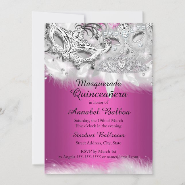 Invitation de Quinceanera mascarade rose chaud (Devant)