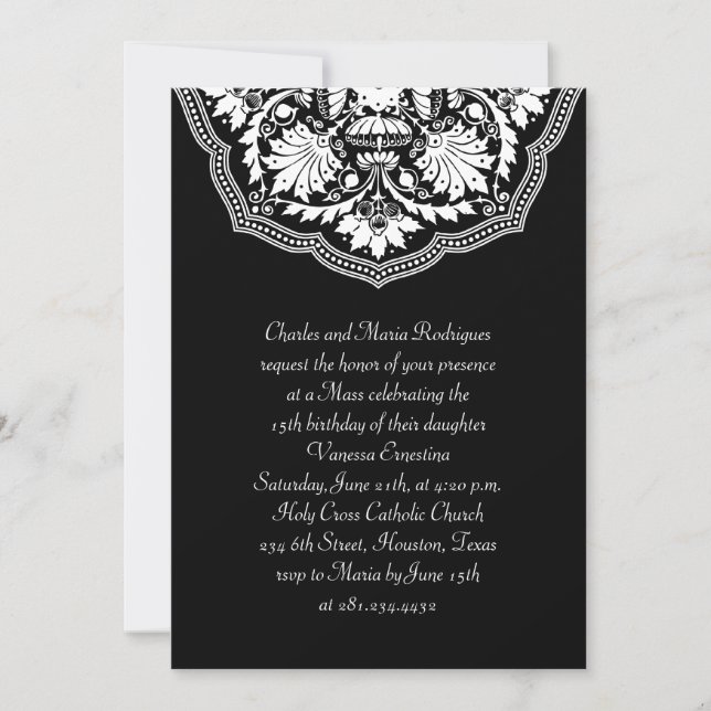 Invitation de Quinceanera, Motif latin blanc et no (Devant)