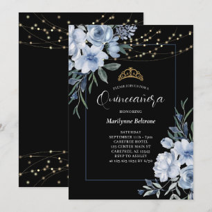 Invitation de Quinceañera noire à fleurs bleues po