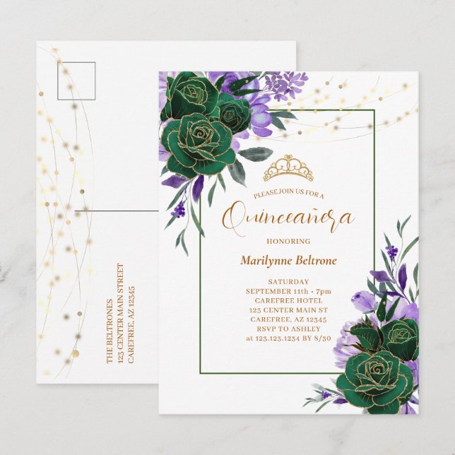 Invitation de Quinceañera or Floral violet (Devant / Derrière)