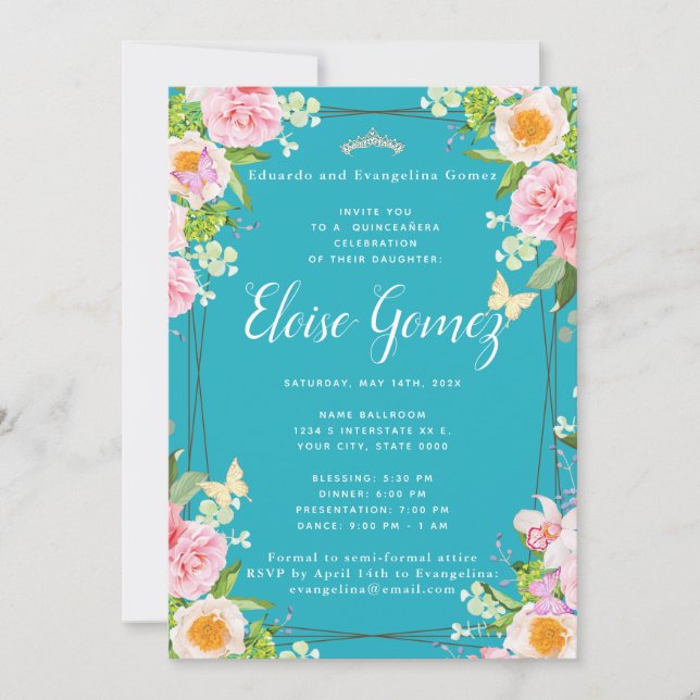 Invitation de Quinceanera, papillon floral turquoi (Devant)