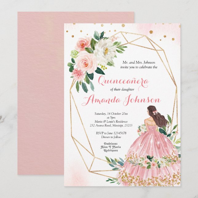 Invitation de Quinceañera Princesse Rose Pâle (Devant / Derrière)