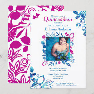 Invitation de Quinceañera rose & bleu Floral