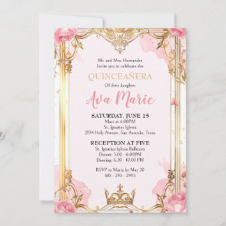 Invitation de Quinceañera rose et or