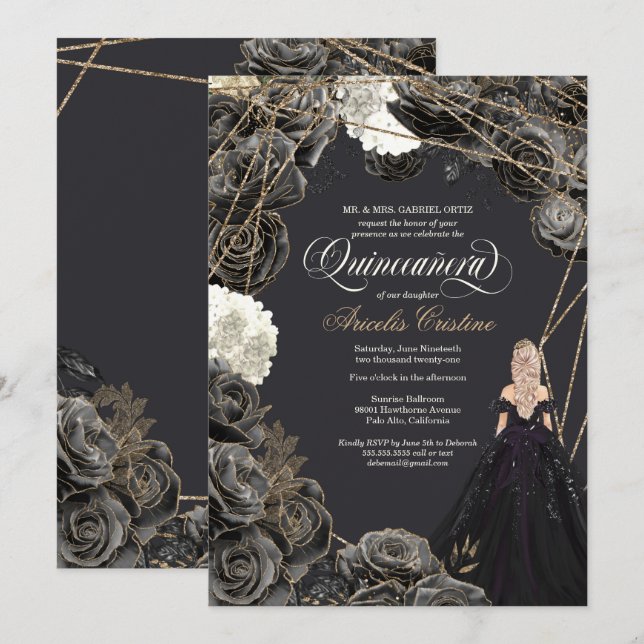 Invitation de Quinceañera - Roses noirs et or, Gow (Devant / Derrière)