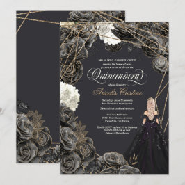 Invitation de Quinceañera - Roses noirs et or, Gow