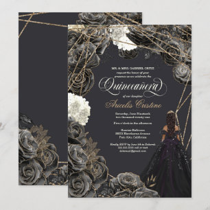Invitation de Quinceañera - Roses noirs et or, Gow