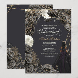 Invitation de Quinceañera - Roses noirs et or, Gow