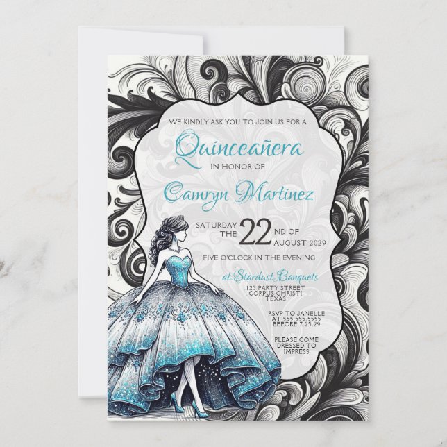Invitation de Quinceañera sarcelle (Devant)