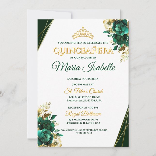 Invitation de Quinceañera vert émeraude et or (Devant)