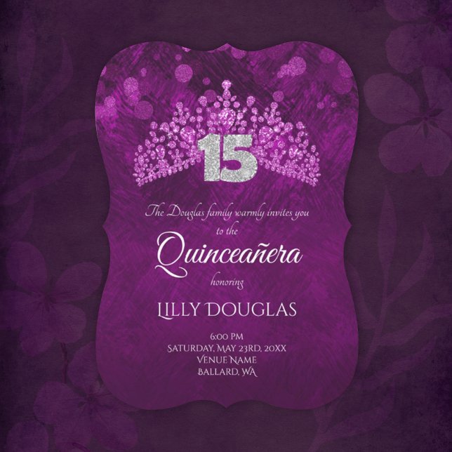 Invitation de Quinceanera violet, rose avec un dia (violet purple pink quinceanera invitation with silver glitter 15 and pink tiara, gemstone crown)
