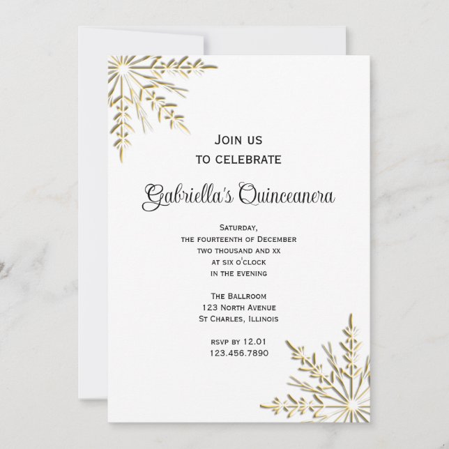 Invitation de Quinceanera Winter Snowflake Gold (Devant)