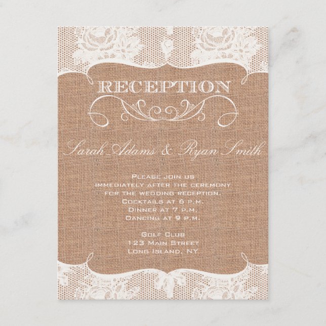 Invitation de réception rustique en burlap imprimé (Devant)