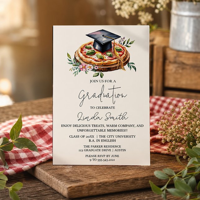 Invitation de remise des diplômes Pizza Floral Élé (Elegant Floral Pizza Graduation Invitation #pizzaparty #zazzlemade #watercolorpizza #graduationparty)