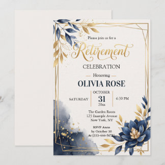 Invitation de retraite avec cadre floral bleu mari