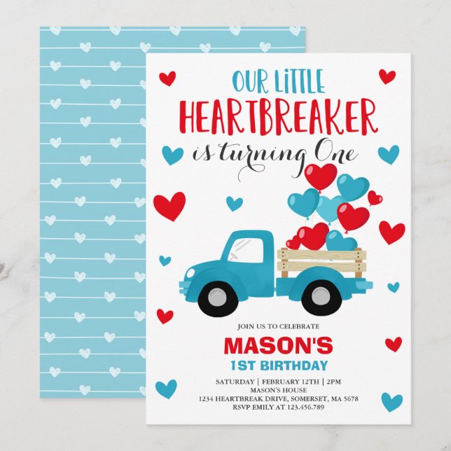 Invitation de Saint-Valentin Camion Bleu brise-coe (Devant / Derrière)