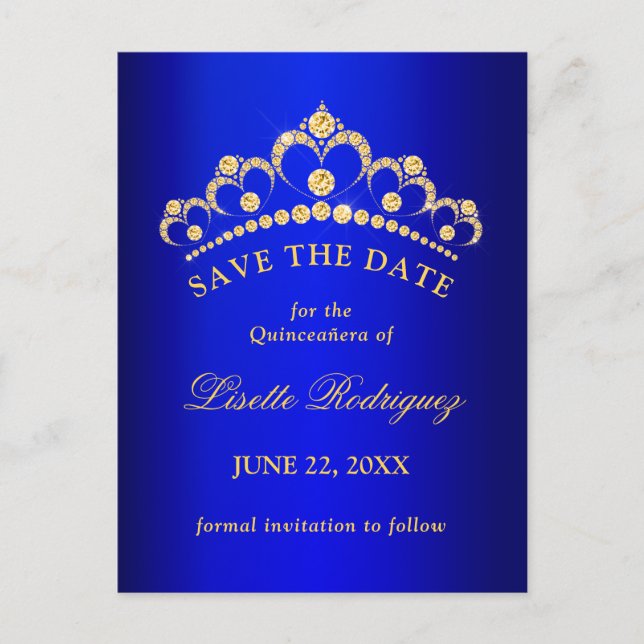 Invitation de sauvegarde de Quinceanera bleu et or (Devant)