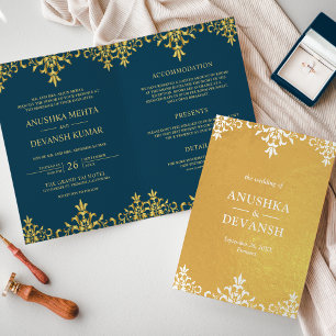 Invitation de style indien Blue Gold Mariage damas