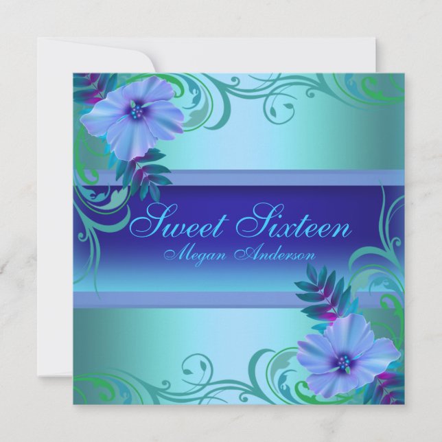 Invitation de Sweet sixteen à fleurs bleu vibrant (Devant)