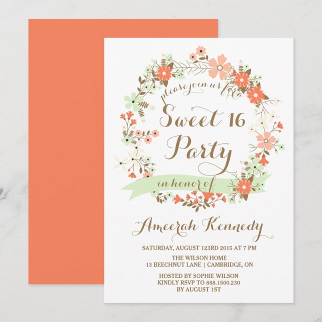 Invitation de Sweet sixteen de  de wreath à fleurs (Devant / Derrière)