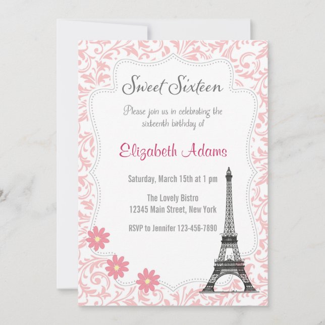 Invitation de sweet sixteen de thème de Paris (Devant)