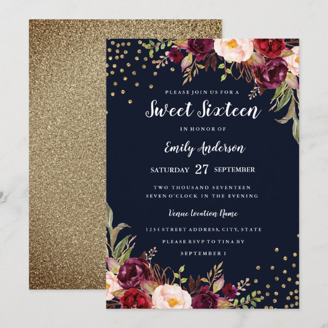 Invitation de Sweet sixteen floral de la marine de (Devant / Derrière)