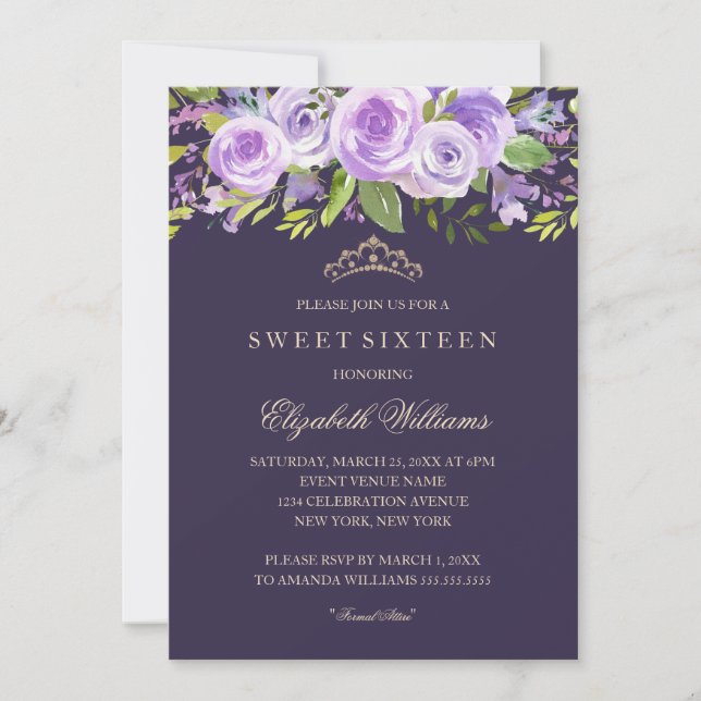 Invitation de Sweet sixteen Floral Rose de lavande (Devant)