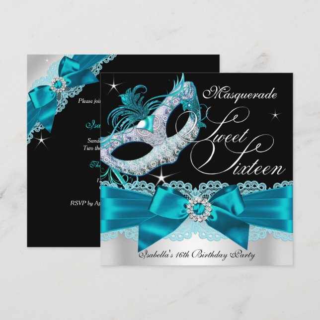 Invitation de Sweet sixteen masqué turquoise en ar (Devant / Derrière)